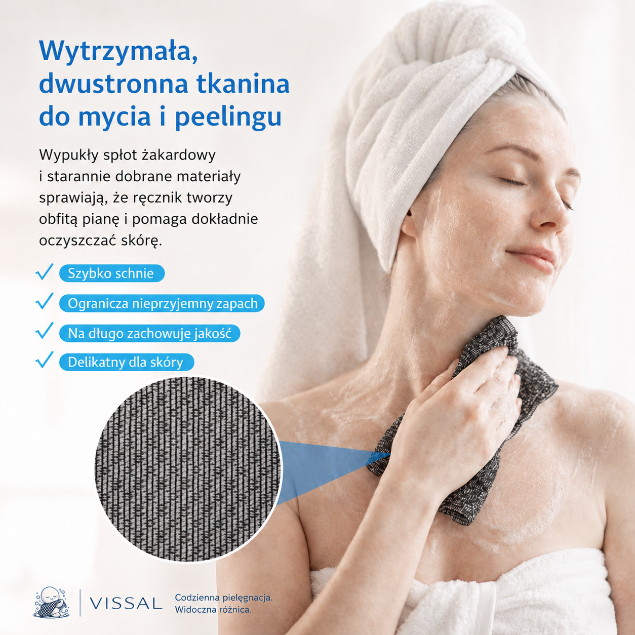 Masz wrażenie, że zwykła gąbka tylko ślizga się po skórze? Struktura Vissal czyści dokładniej